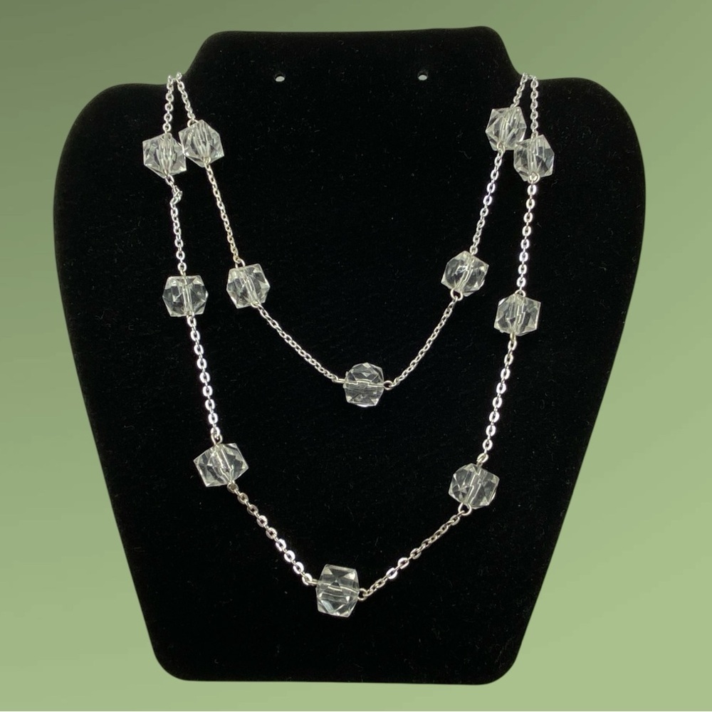 Acrylic Faceted Beads Silvertone Chain Long Necklace